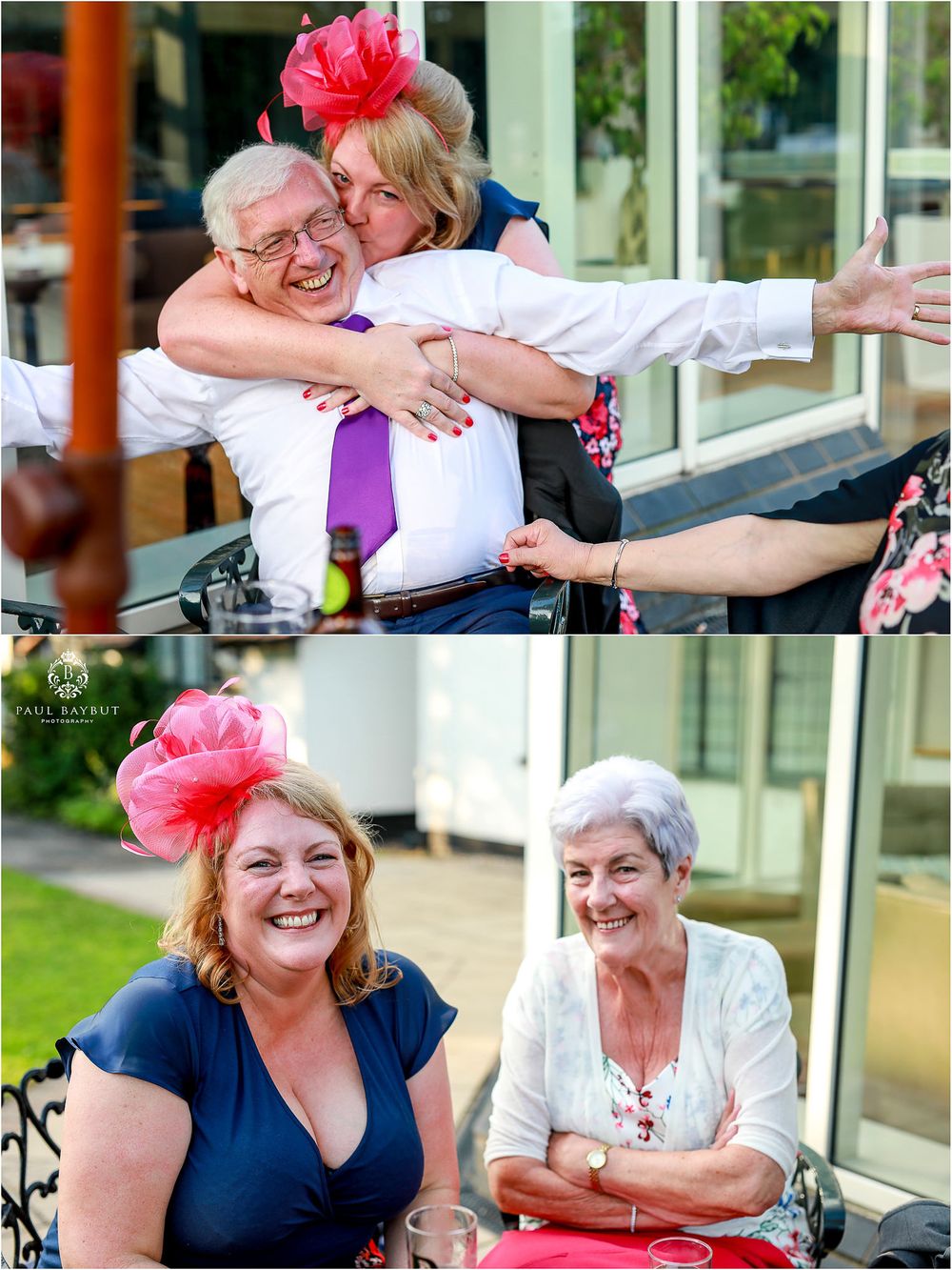 Candid moments of joy and laughter shared between wedding guests at an outdoor reception.