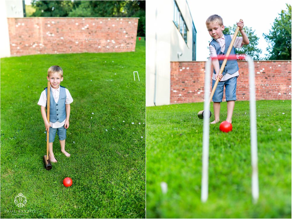 Split image shows outdoor games being played on a lawn with red ball.
