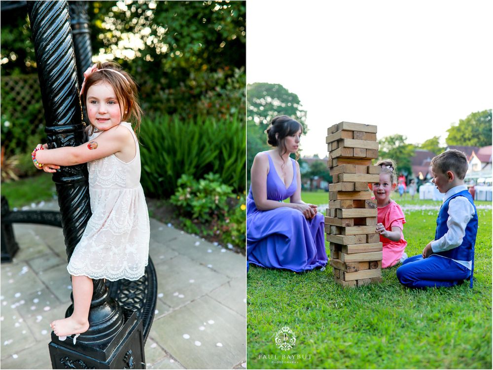 Collage showing outdoor party activities including giant Jenga and decorative posts.