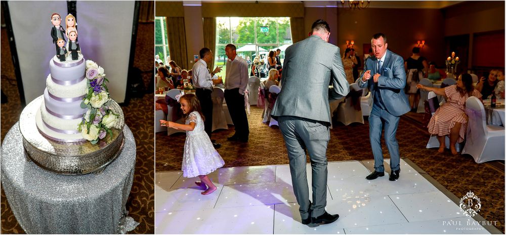 Wedding reception scenes showing cake detail and dance floor moments.