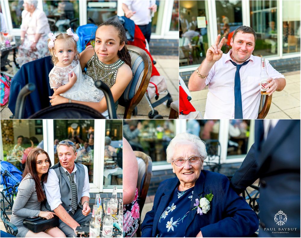 Collage of wedding guests enjoying outdoor reception celebrations.