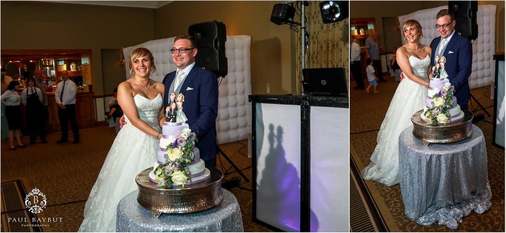 Multiple angles of couple cutting their metallic wedding cake at reception.