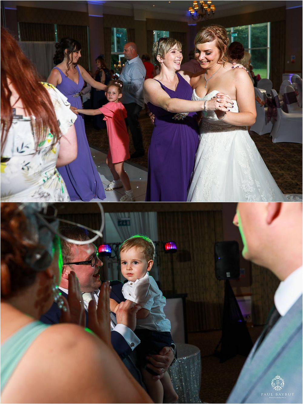Wedding party dancing and celebrating on the dance floor at a reception.