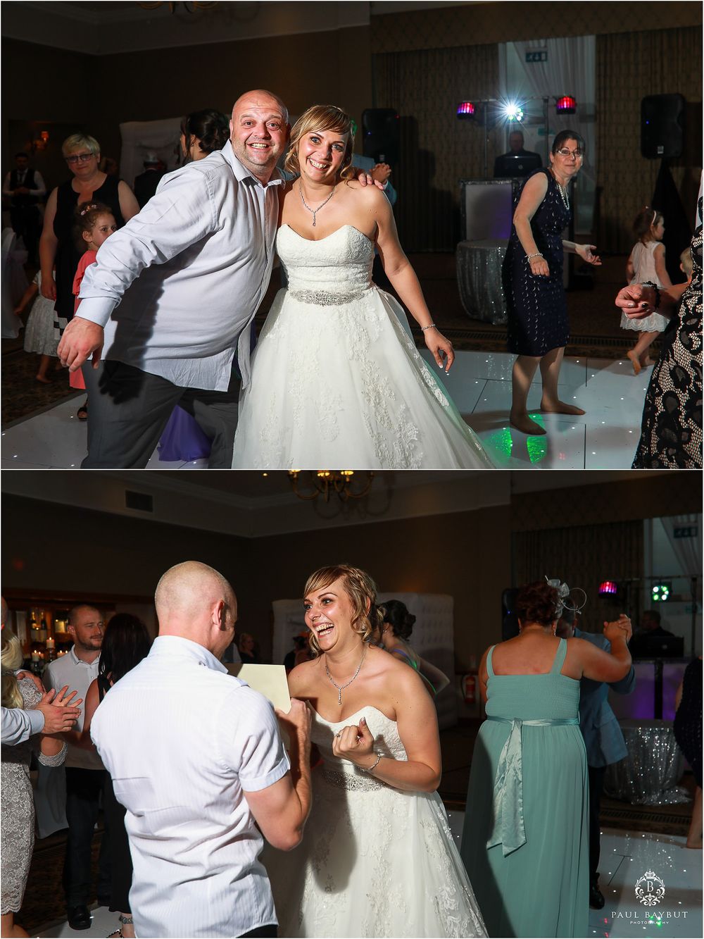 Candid moments of dancing and celebration at a wedding reception.