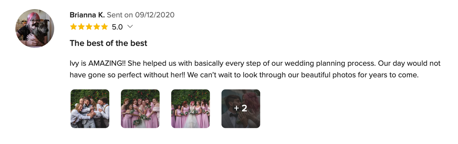 Screenshot of a positive wedding photography review with star rating.