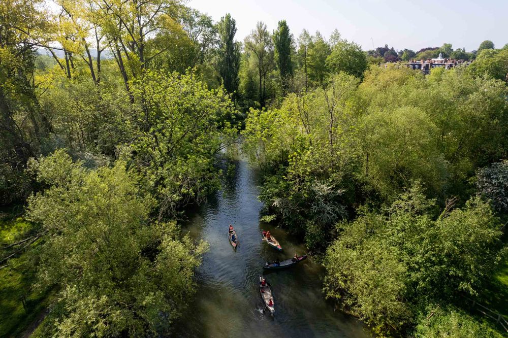 An aerial photograph of kayaks on the River Cherwell in Oxford on a hot summer day surrounded by trees