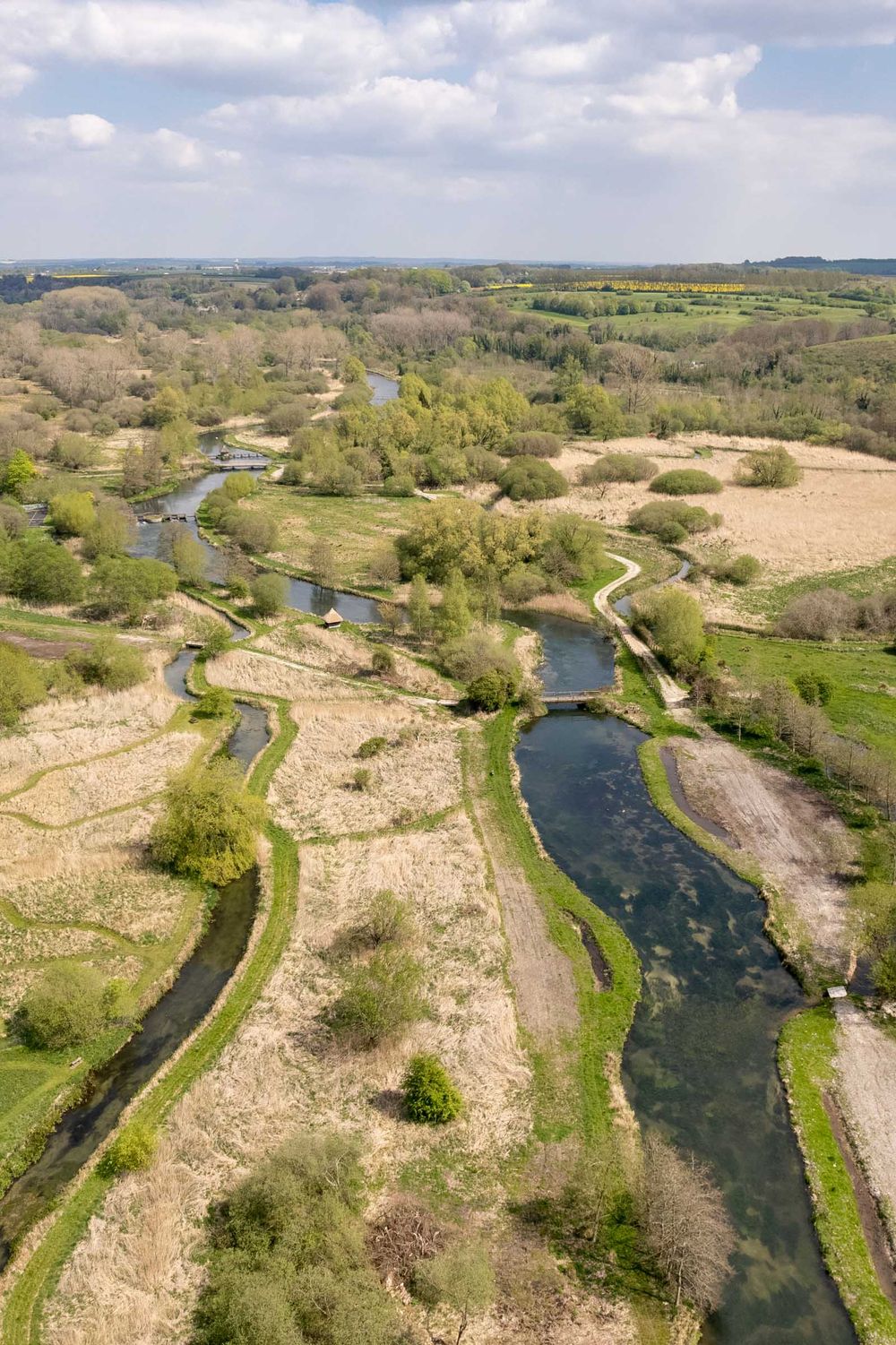 Aerial view of a lush, winding river surrounded by green fields, trees, and cloudy sky.