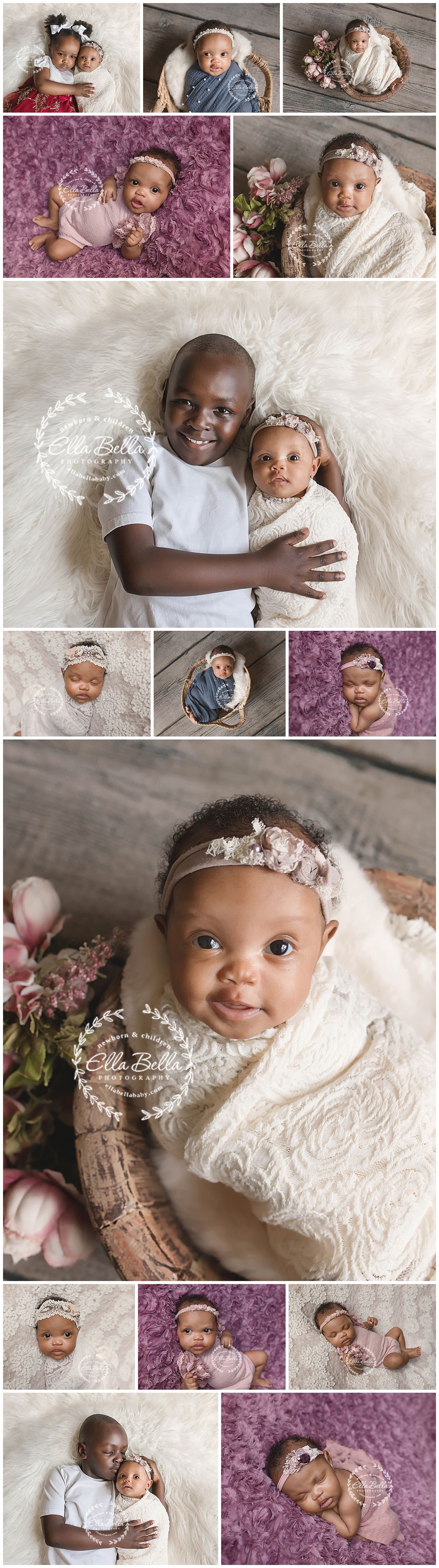 Collection of newborn portraits featuring delicate lace wraps and soft textures in neutral tones.