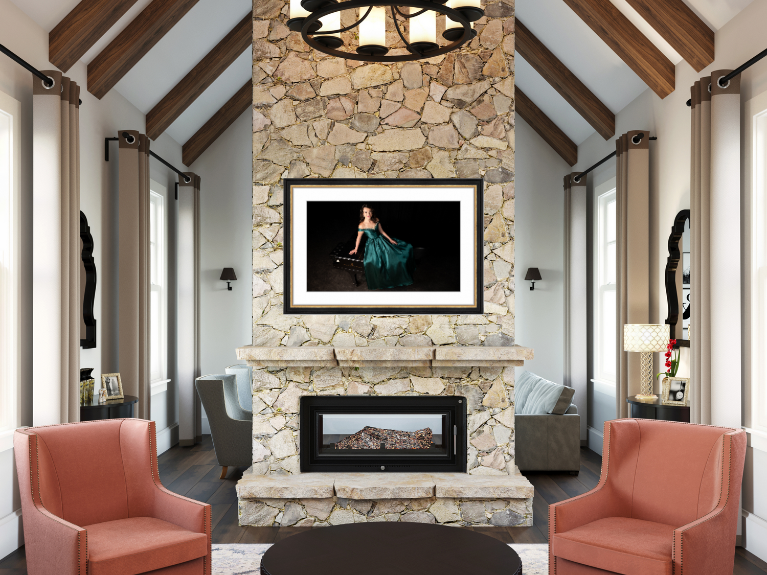 large wall portrait of young woman in ballgown with piano. portrait is hung above fireplace