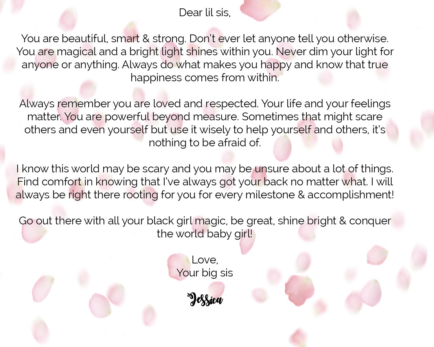 Motivational message to sisters on pink background with floating rose petals.