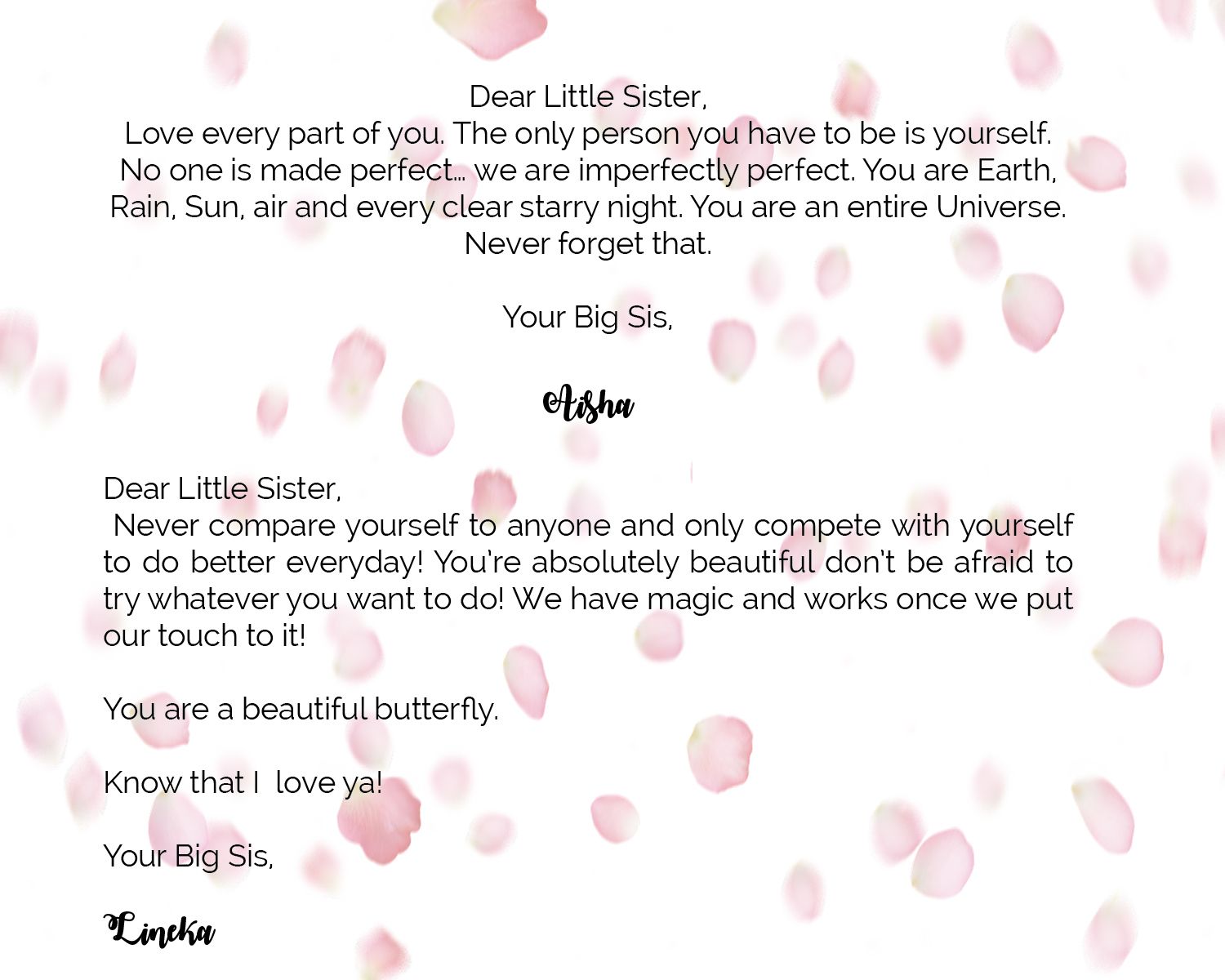 Encouraging letter with pink petals addressing 'Dear Little Sister' with handwritten signature.