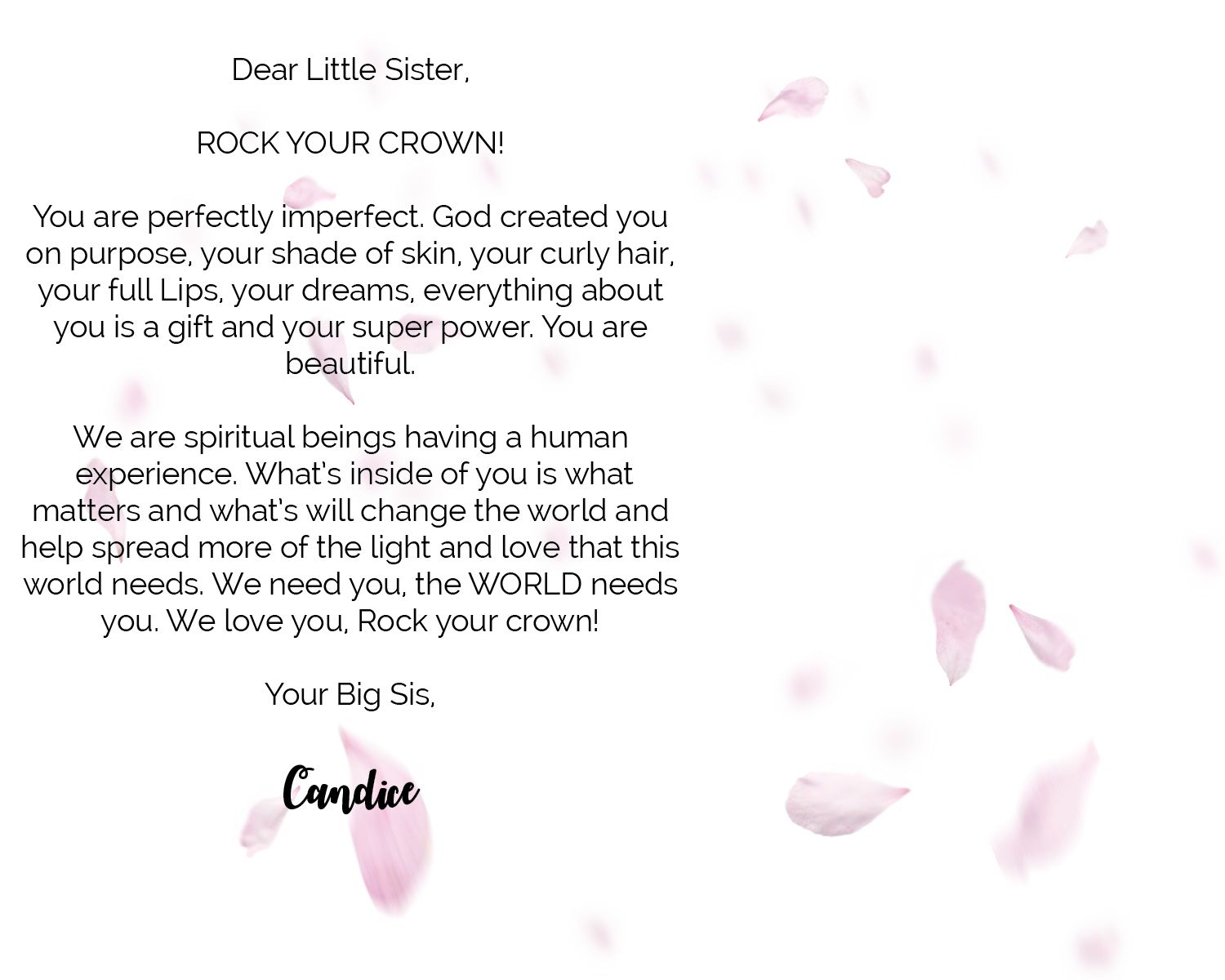 Empowering message about self-love on pink background with floating petals.
