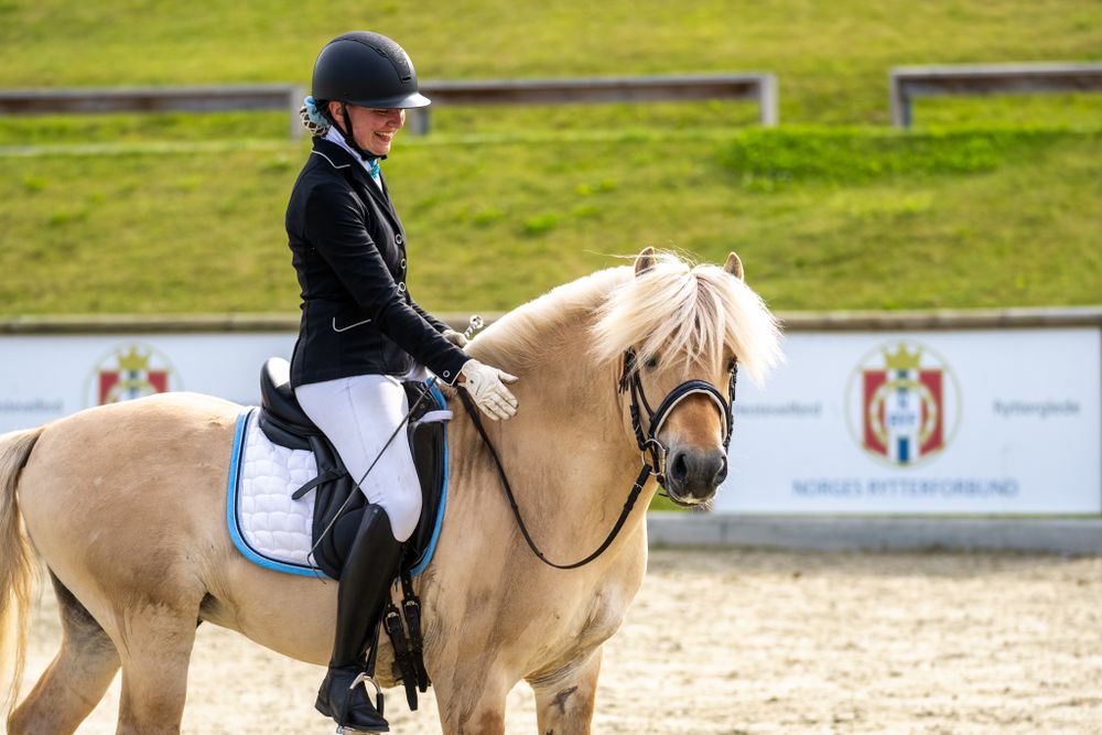 A palomino pony performing in a dressage competition at an outdoor arena.