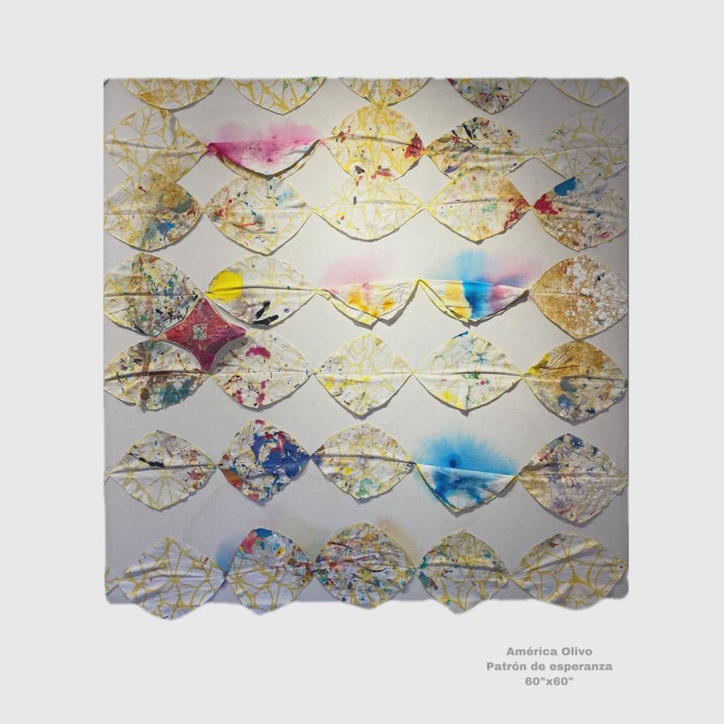 Abstract art piece featuring geometric shapes and watercolor elements in a grid pattern.