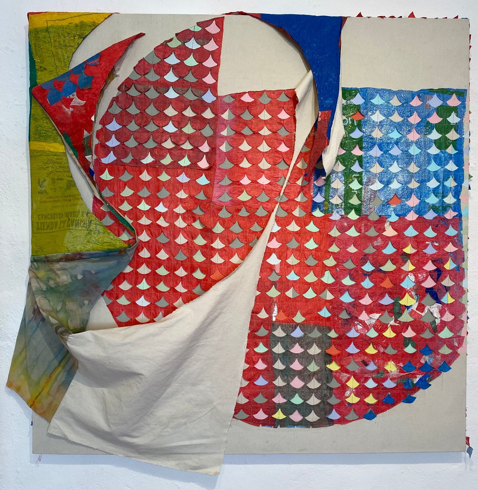 Mixed media artwork with geometric patterns in red and white with flag-like design.