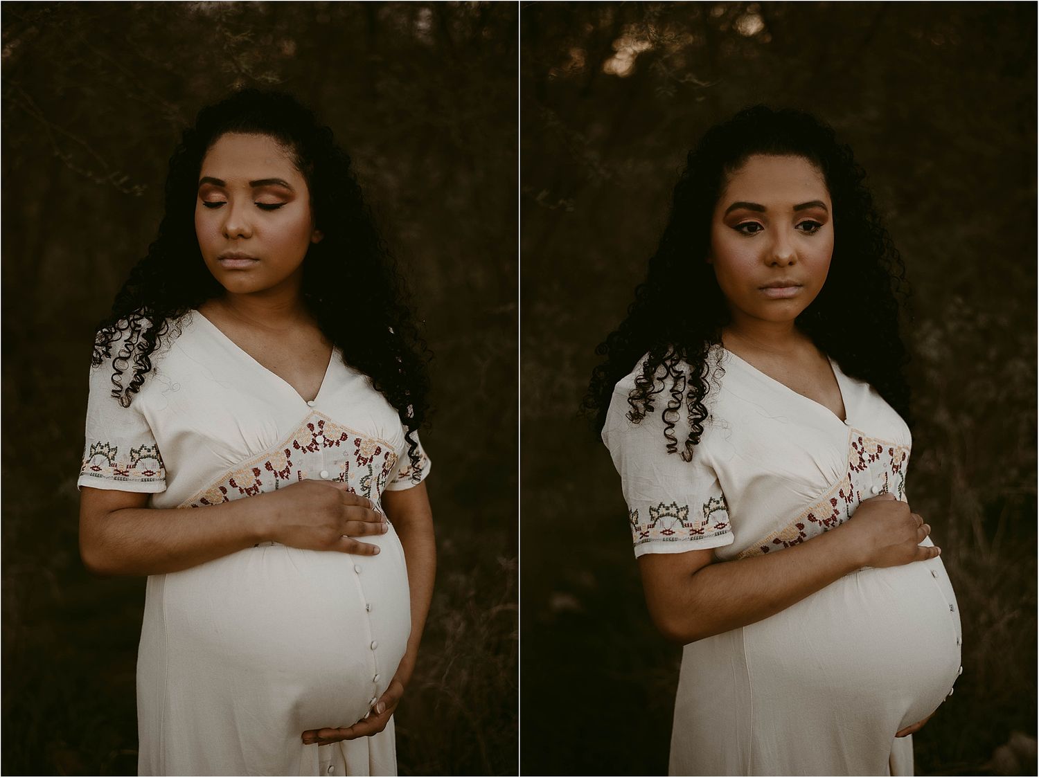 Artistic maternity portraits showcase a white embroidered dress in a dark outdoor setting.