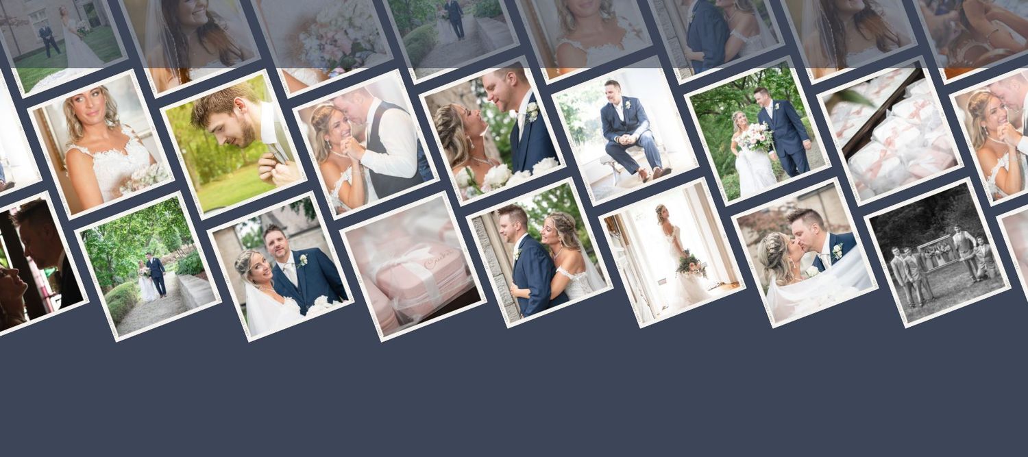 A collage of wedding photographs arranged in a diagonal pattern with a dark background.