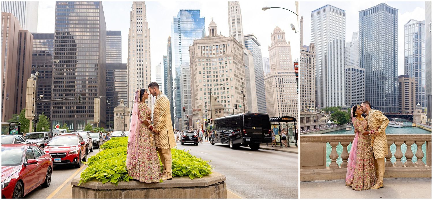 Urban wedding photography session in downtown Chicago with skyscrapers and city streets.
