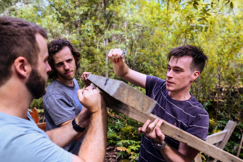 Three people examining and discussing a wooden structure in a lush outdoor setting.