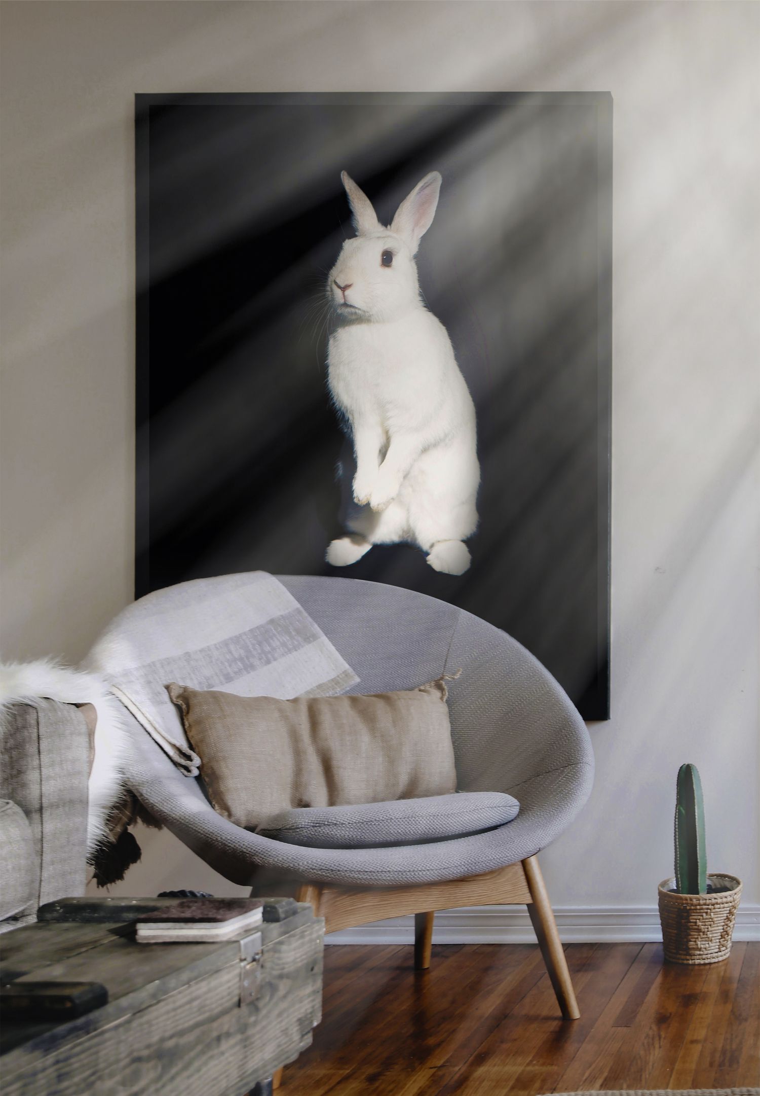 grote foto print van een konijn in een woonkamer