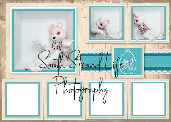 Photography template with multiple turquoise frames and bunny decorations.