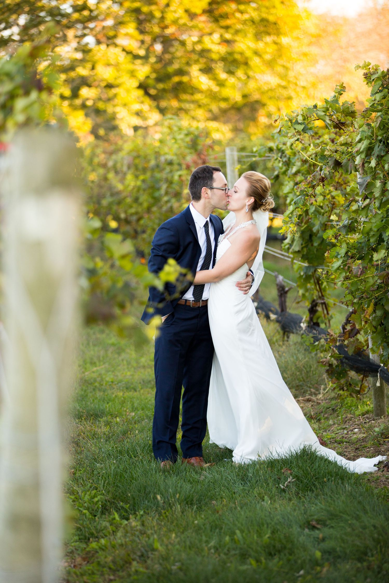 A romantic scene in a vineyard with golden sunlight filtering through autumn leaves.