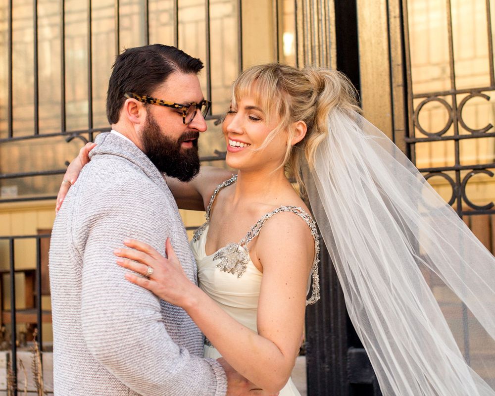 Wedding portraits captured in sequence showing tender moments between the newlyweds.