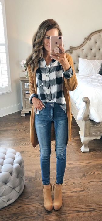Casual fall outfit featuring buffalo plaid shirt, tan cardigan, skinny jeans and brown ankle boots.