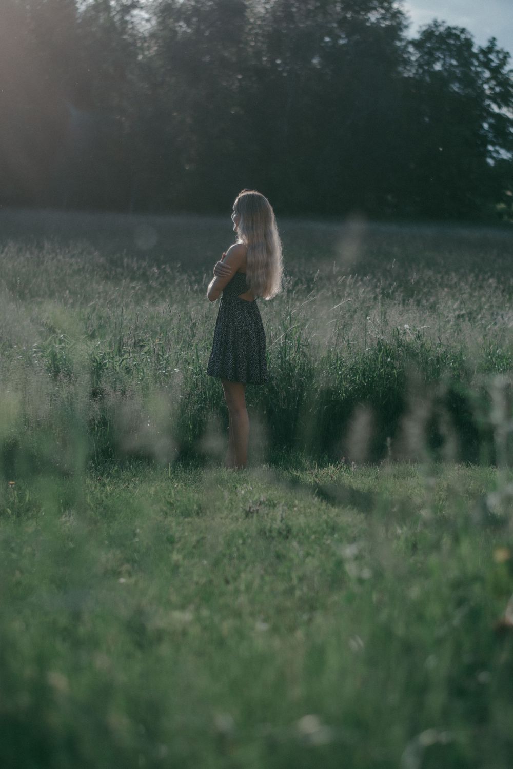 A dreamy silhouette of a person with long hair stands in a misty meadow at dusk wearing a flowing dress.