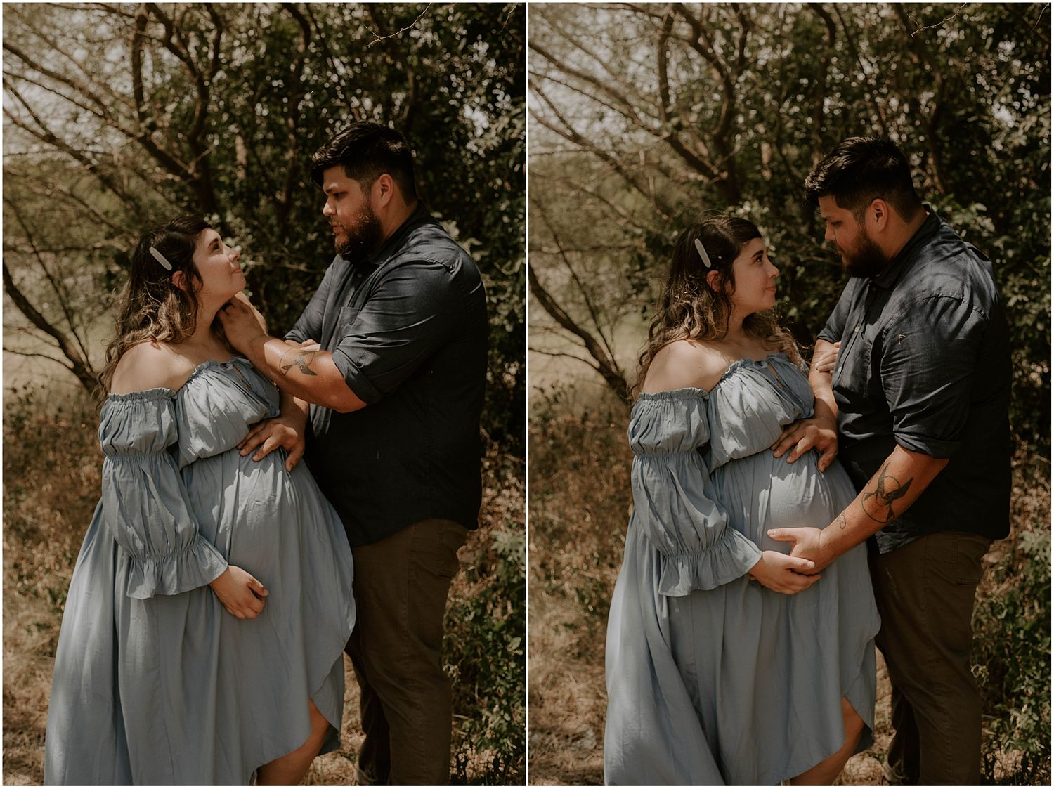 Side-by-side maternity photos showing playful interaction between couple in woodland setting.