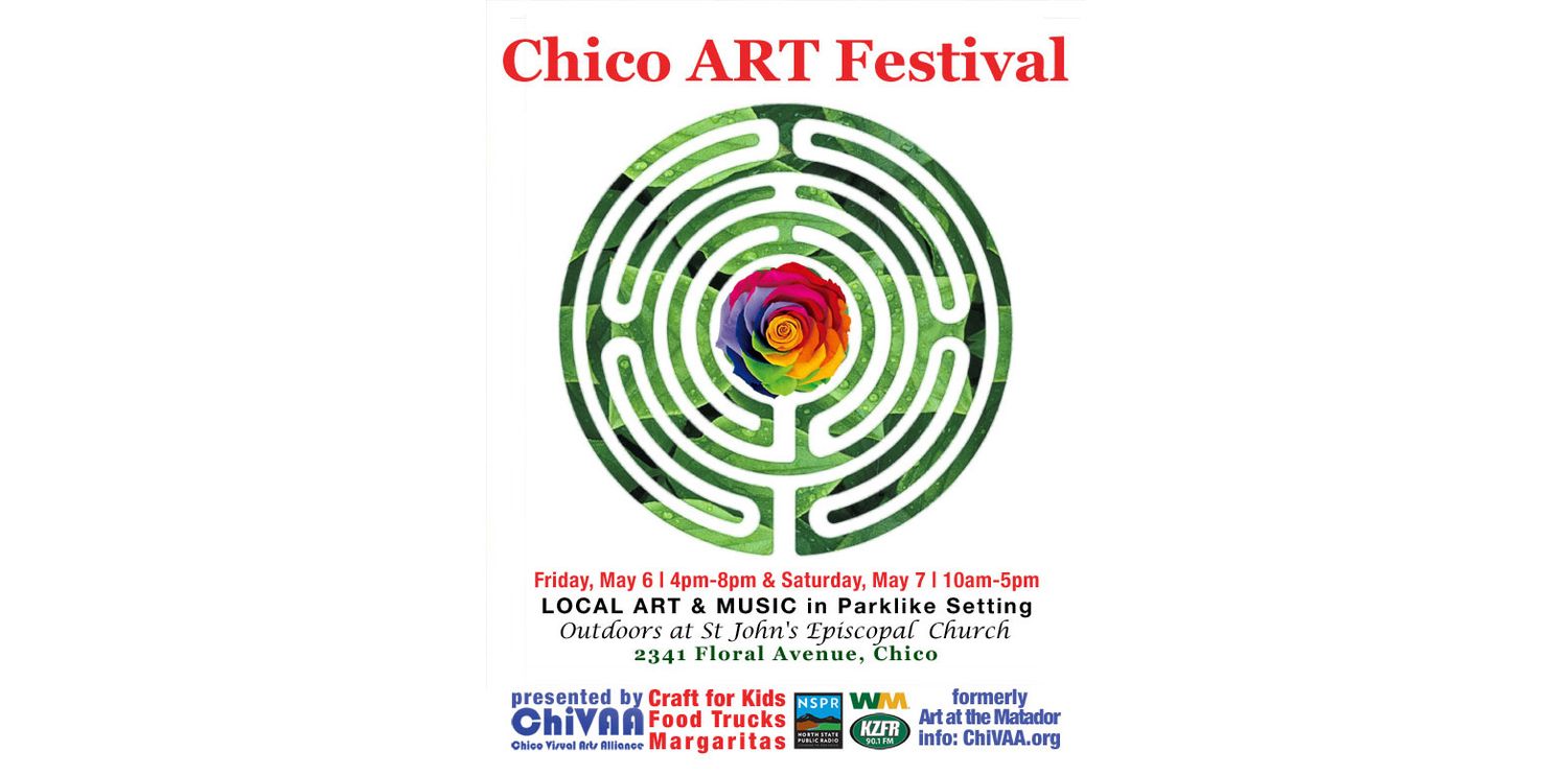 Circular rainbow-colored labyrinth logo design for Chico ART Festival with sponsor logos at bottom.