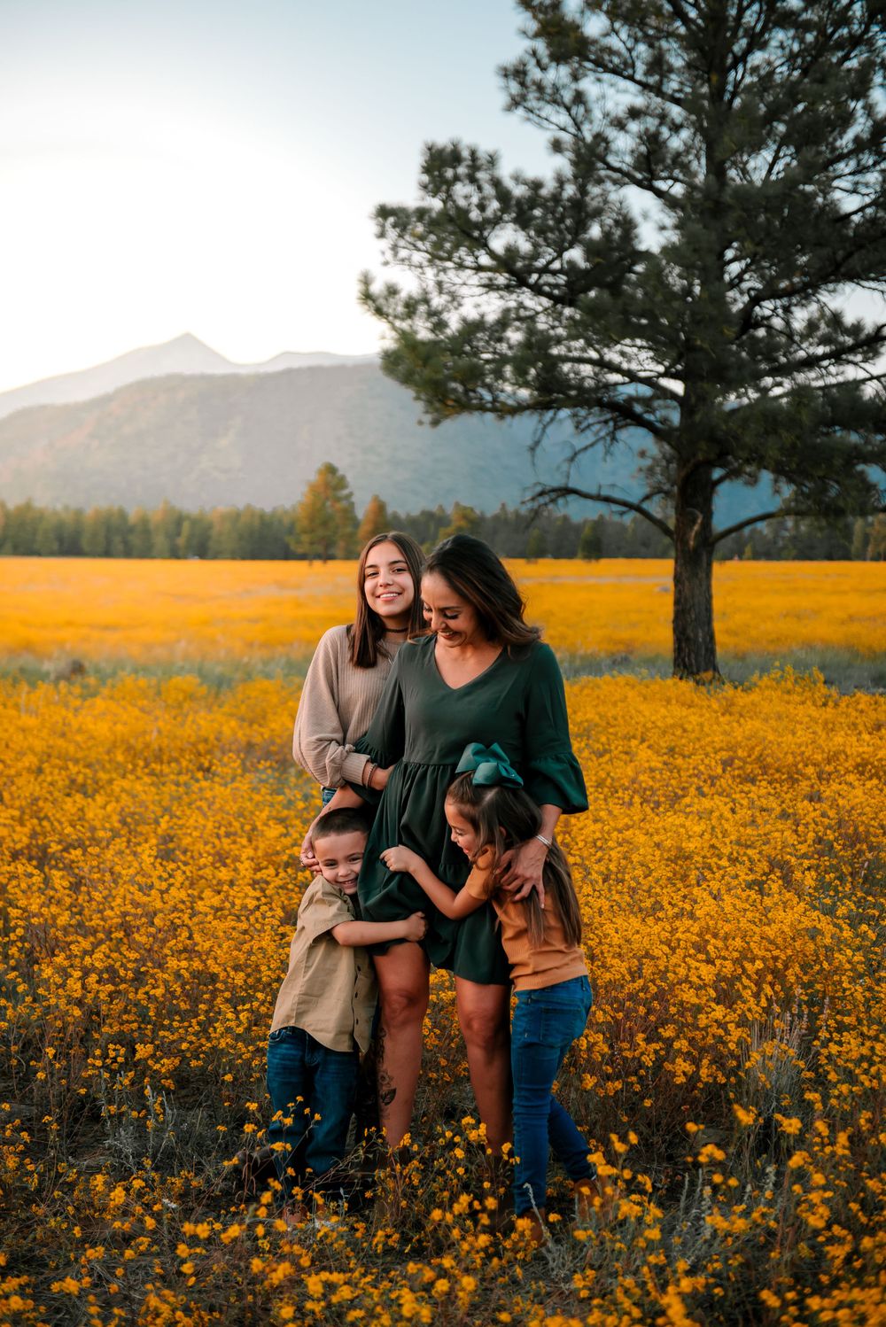 Family sharing laughs together in field of golden wildflowers with mountains behind.