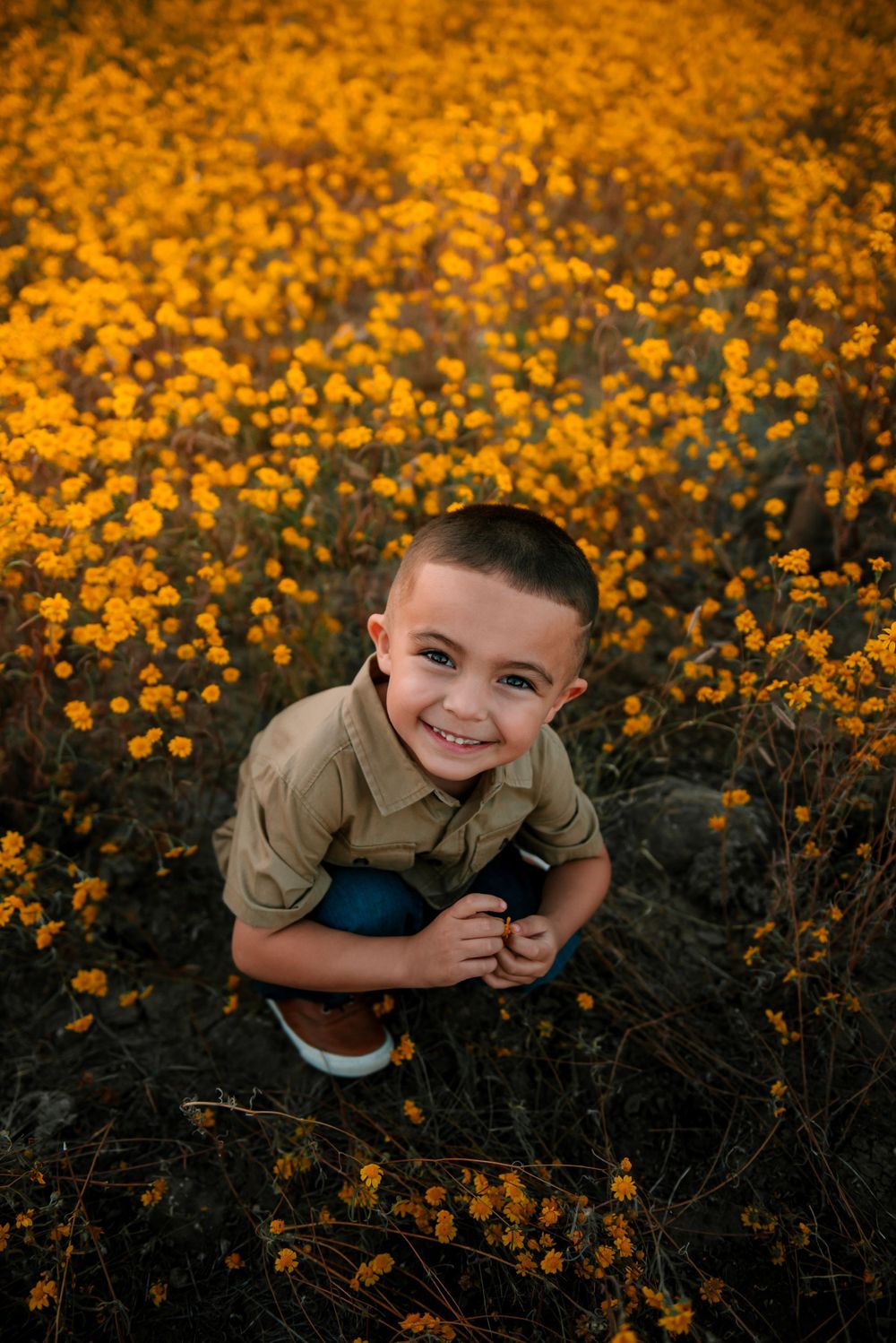 Child crouching in a field of golden wildflowers during sunset with mountains in background.