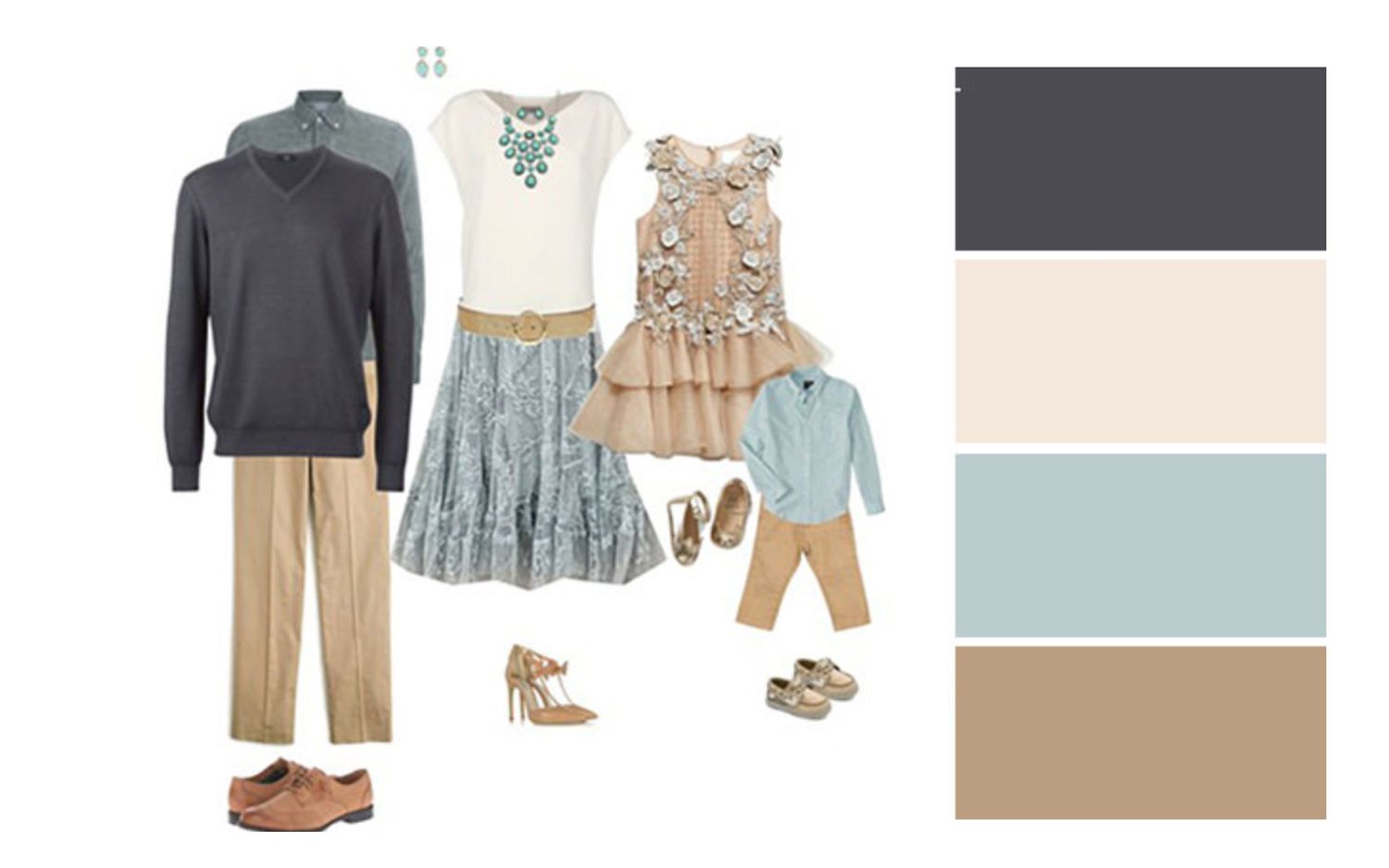 Family photo outfit coordination in teal, tan and white with complementary color swatches.