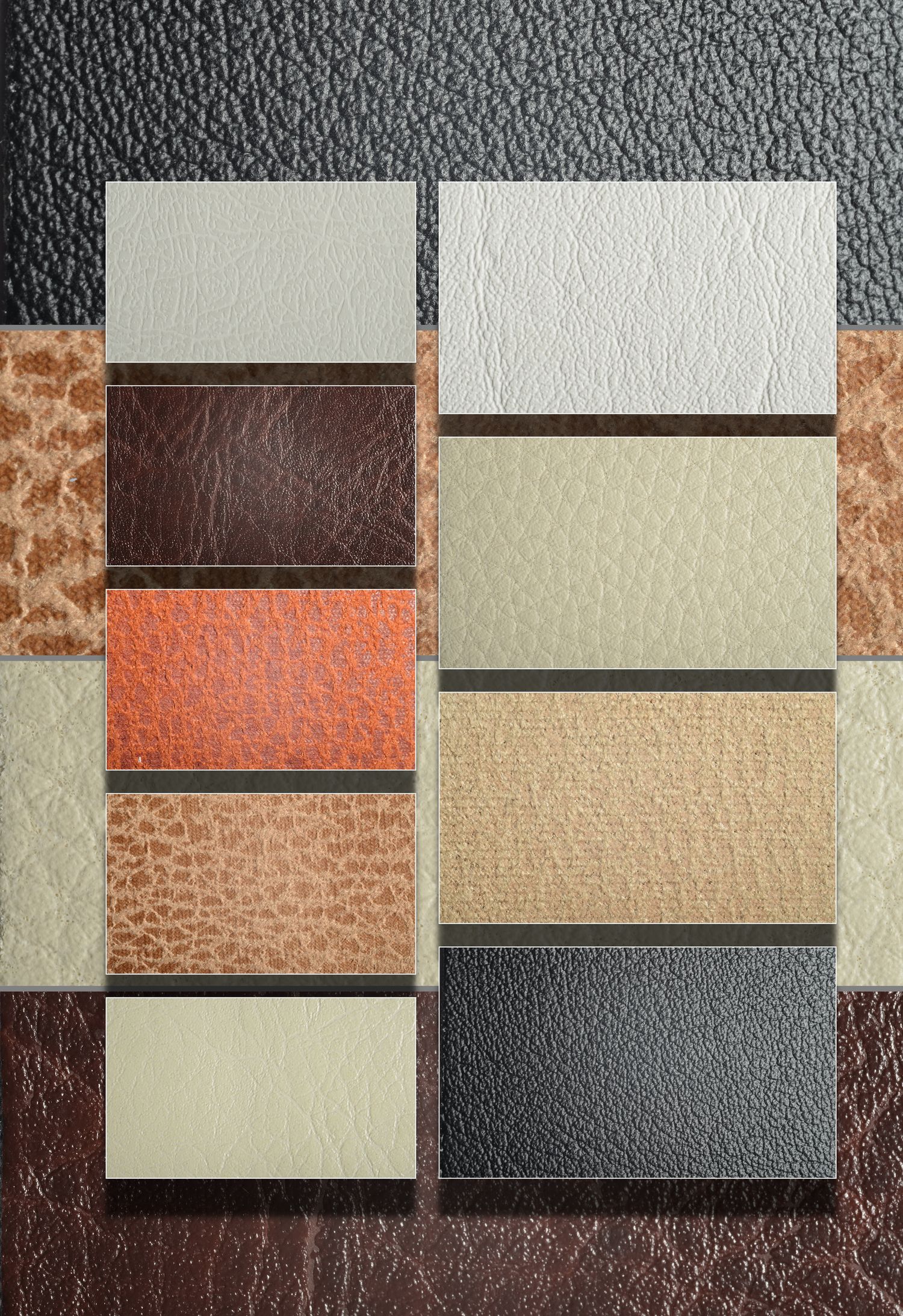 A collection of leather and vinyl material swatches arranged in a grid showing various neutral colors and textures.