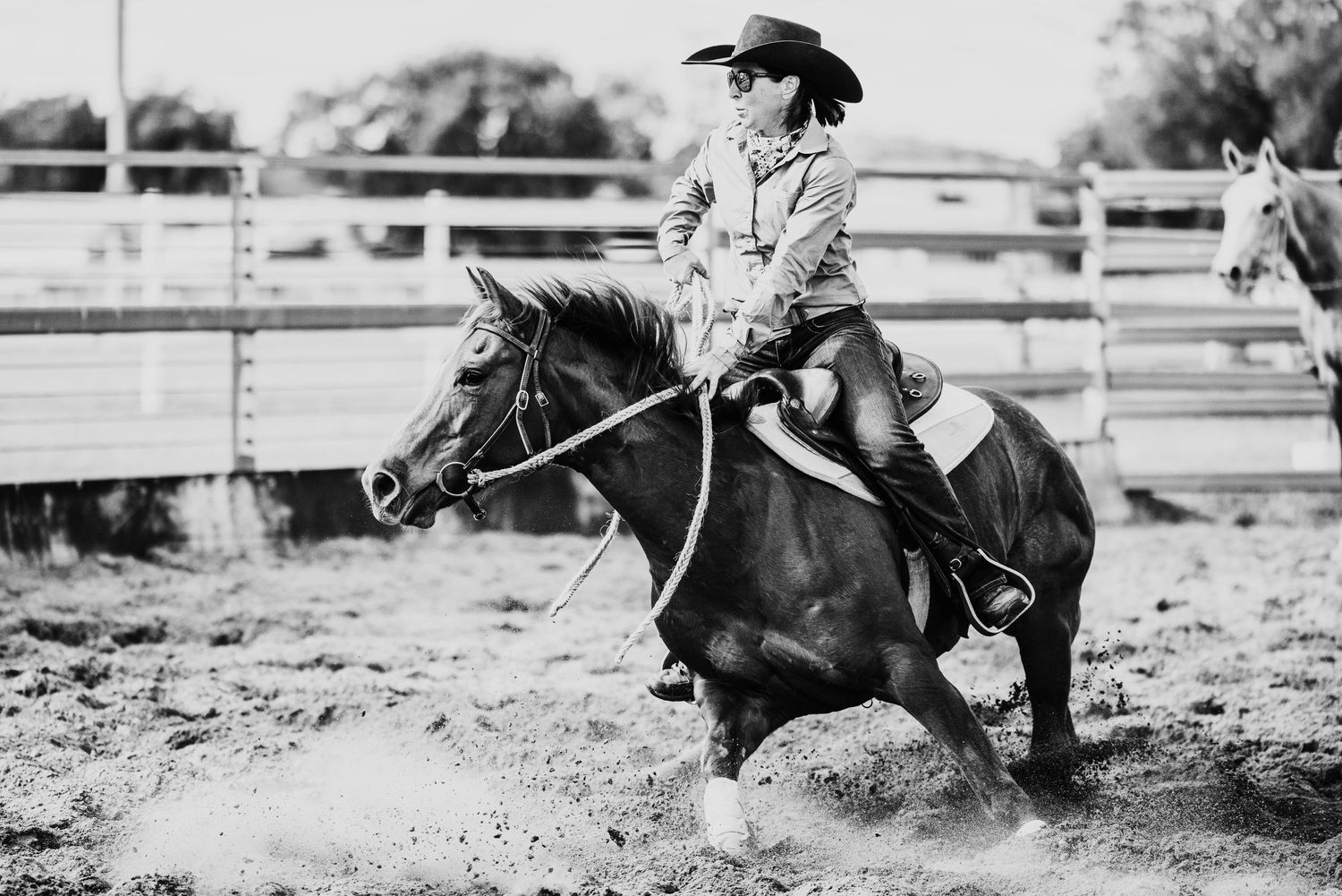 Black and white photo of a cowgirl riding a dark horse at speed during a rodeo cutting competition.