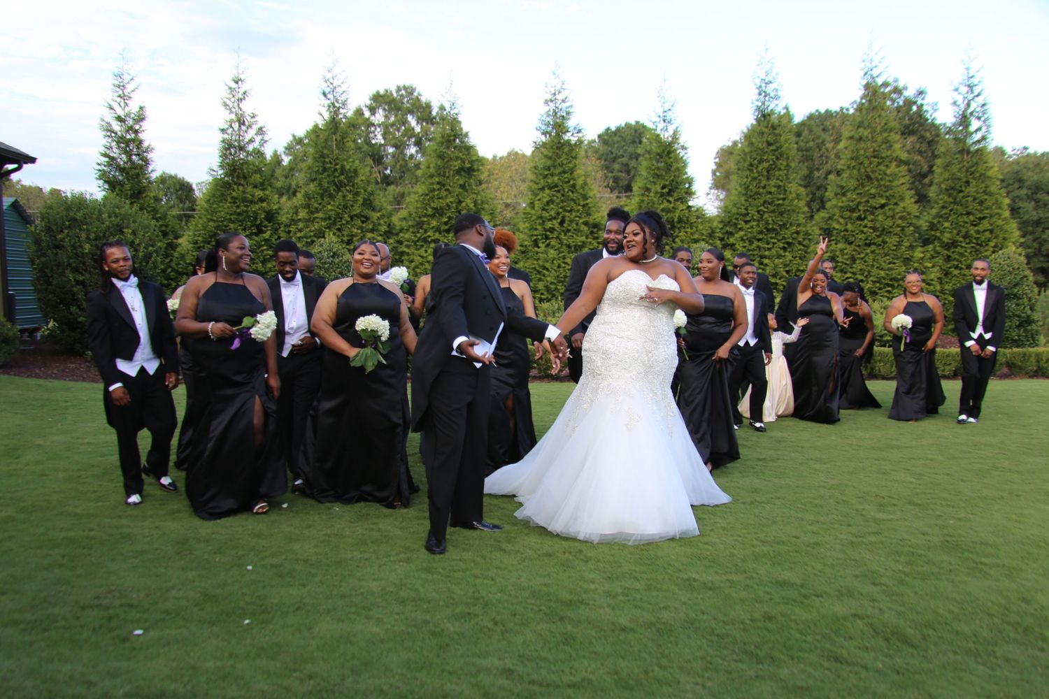 Wedding party group photo sequence showing celebratory poses on a grassy lawn.