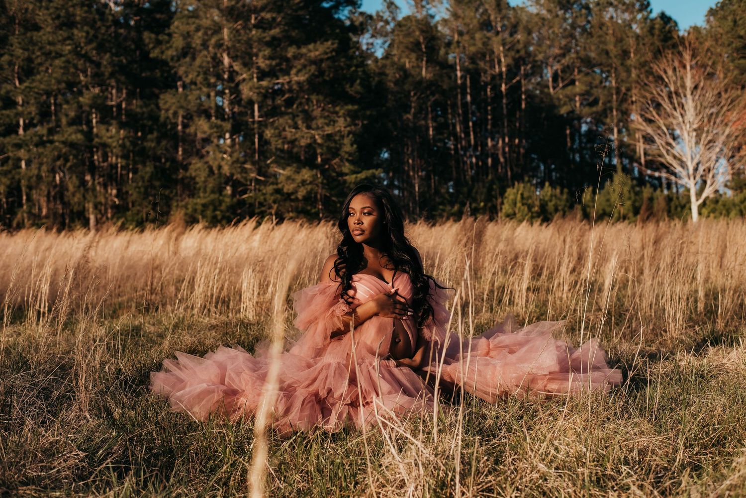 A pregnant woman in a pink tulle gown sits gracefully in a golden field of grass.