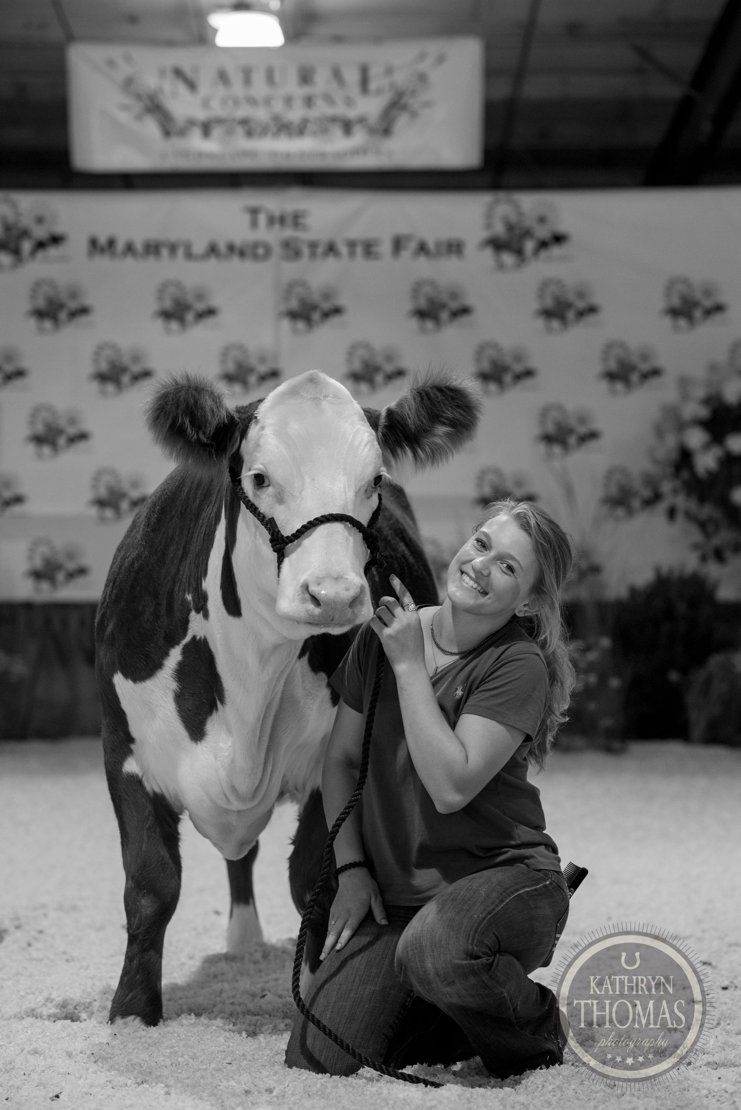 A friendly brown and white show cow poses with its handler at the Maryland State Fair.