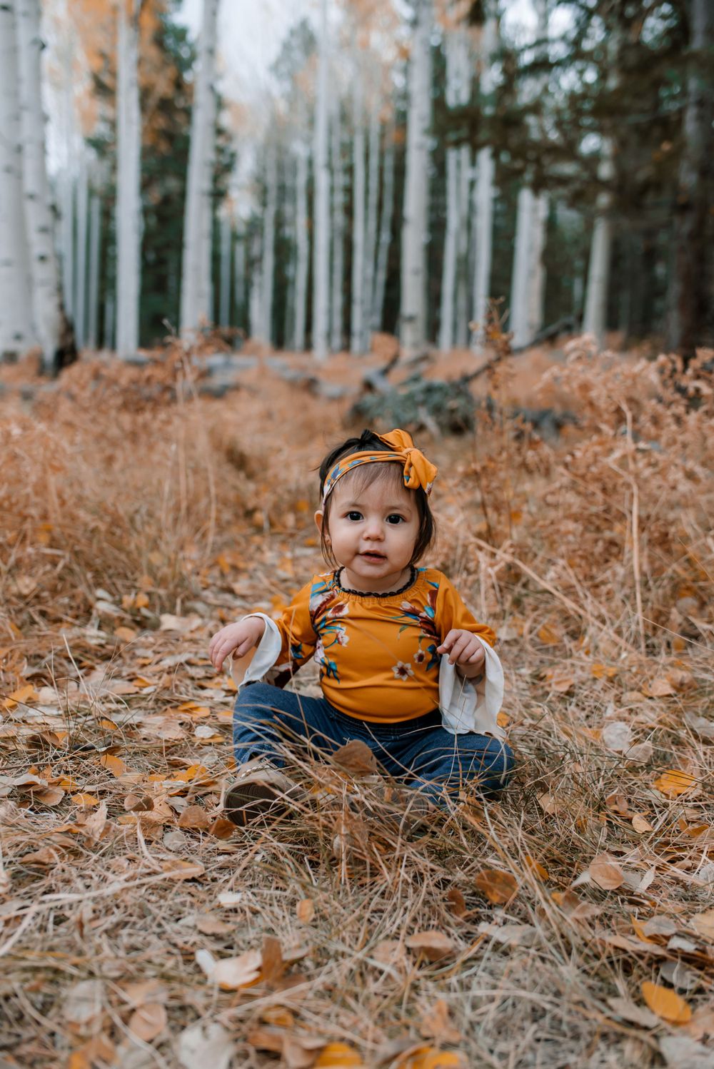 Small child in orange clothing sits among fallen leaves in an autumn aspen forest.