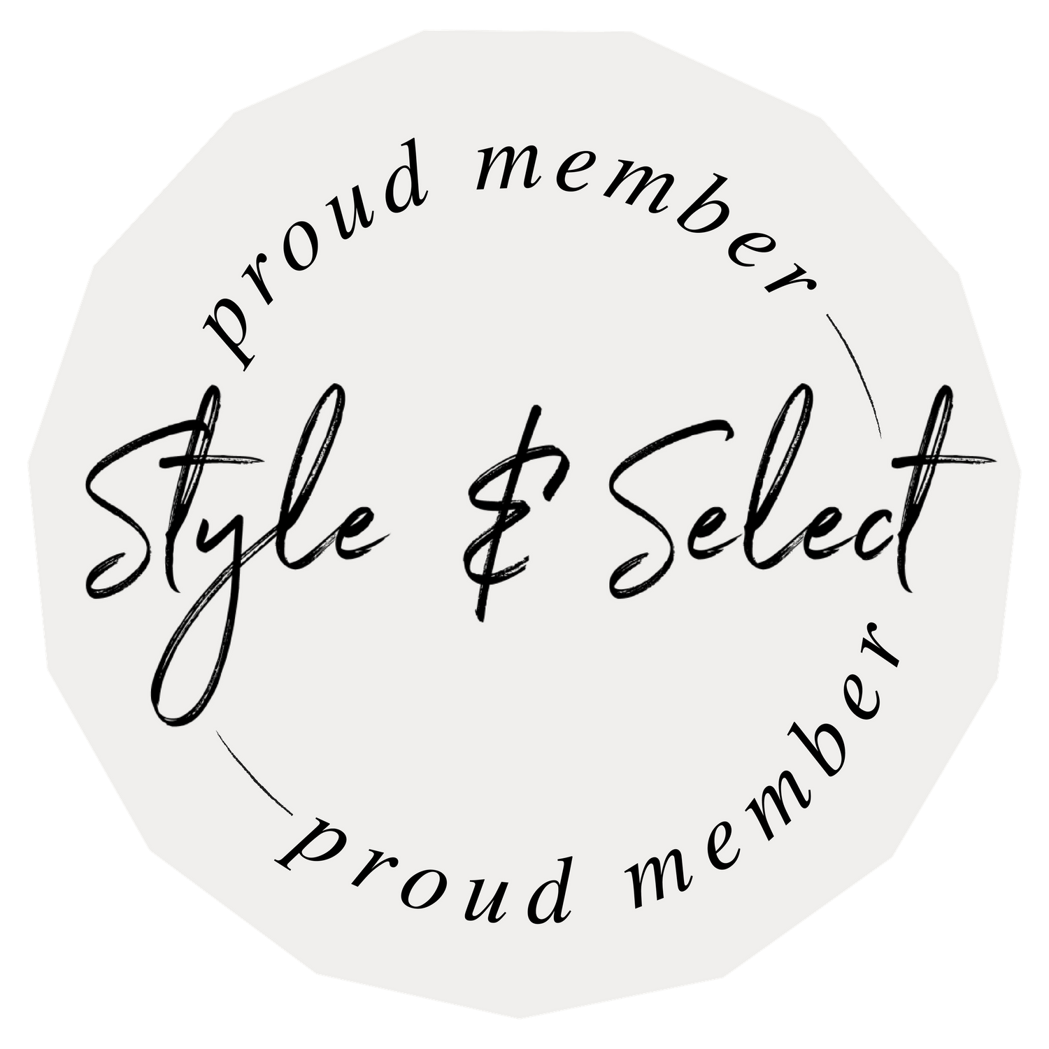 Circular badge design with 'Style & Select proud member' text in elegant script font.