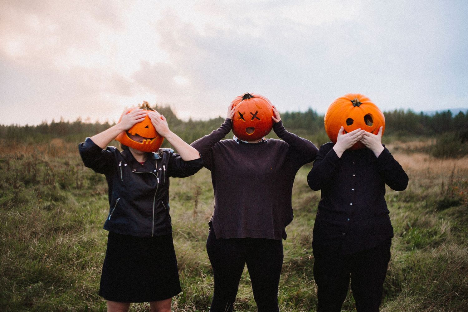 Three figures wearing black clothing and orange pumpkin heads stand together in a field at dusk.