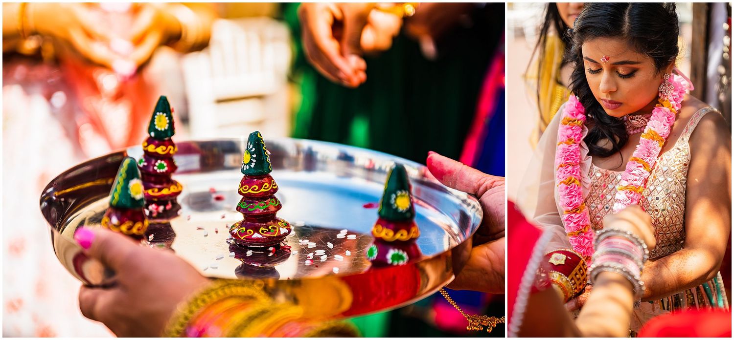 Close-up shots of traditional Indian wedding ceremony items and ritual details.