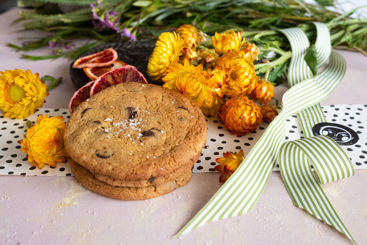 Sugar Mummah's delicious choc chip cookies surrounded by flowers