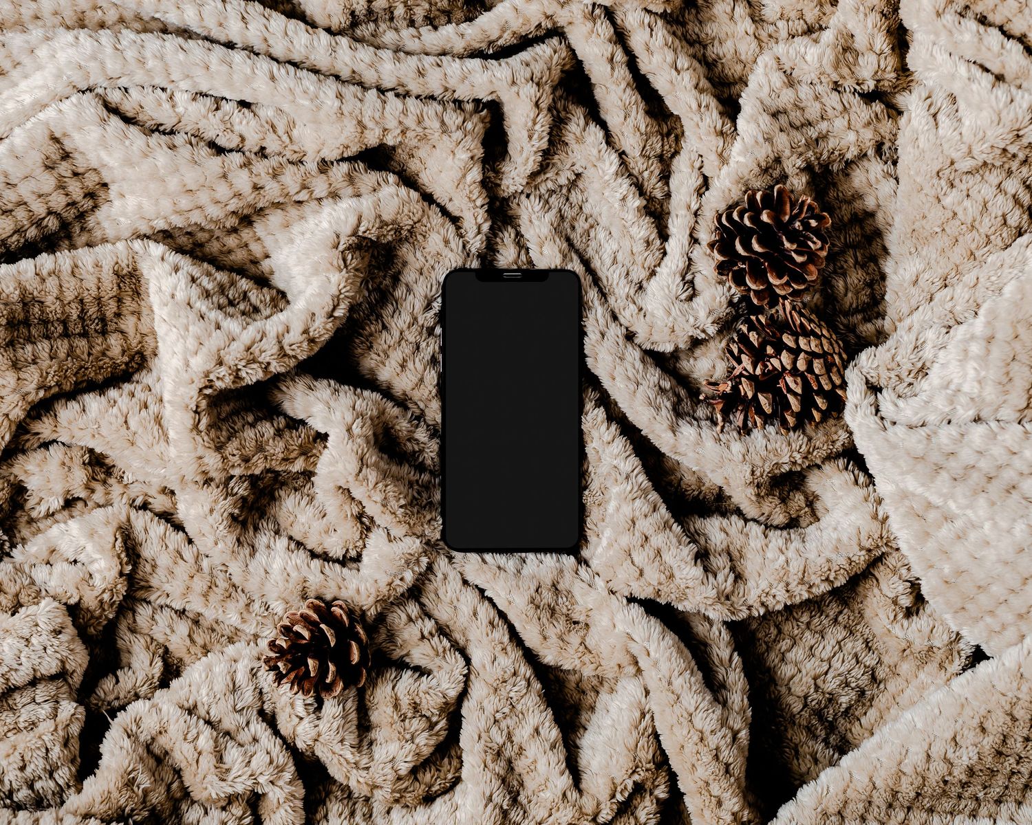 iPhone on blanket with pinecones around, cozy, seasonal, festive, stock photos