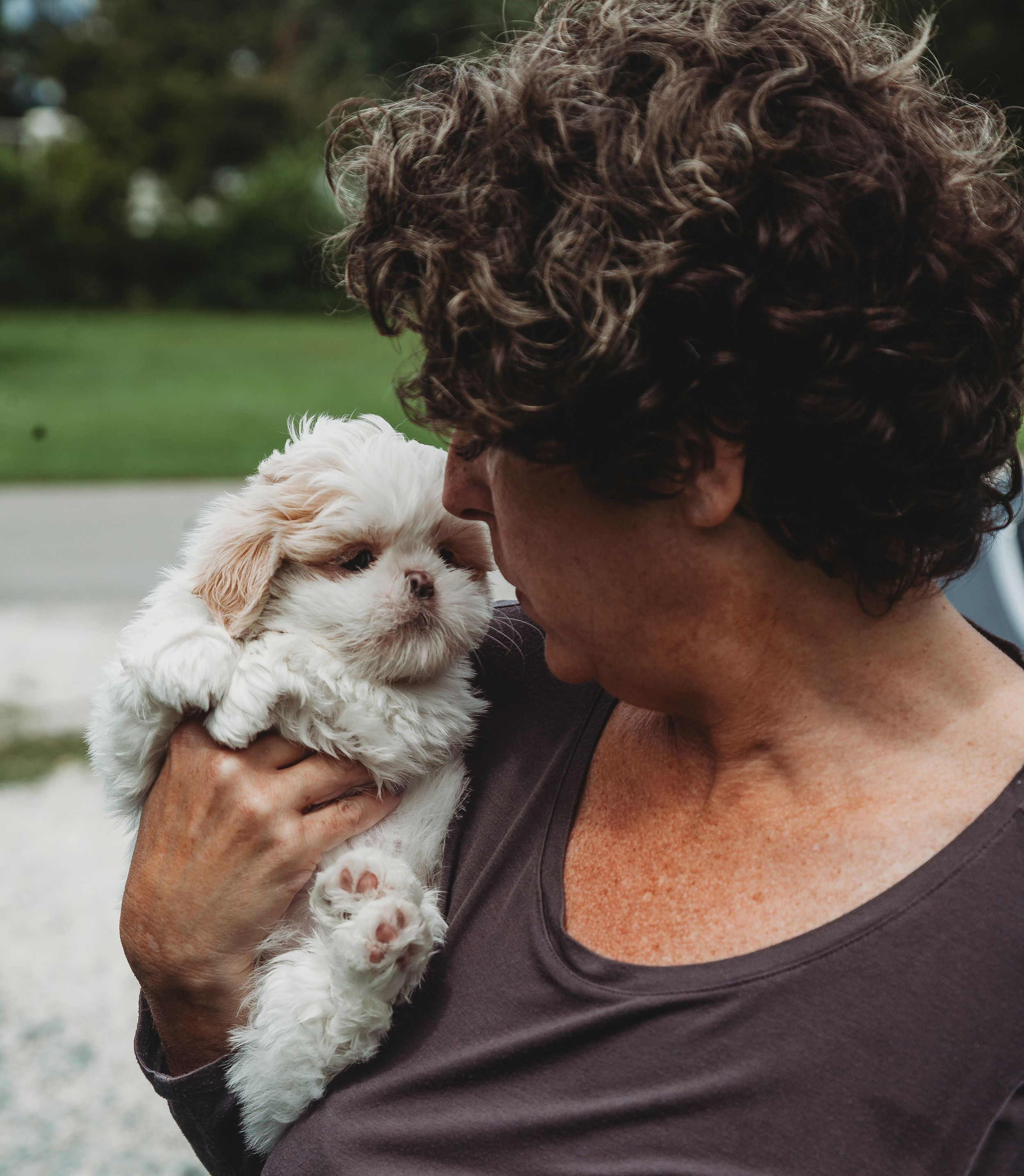 Small white dog being held and cuddled against a brown shirt outdoors.