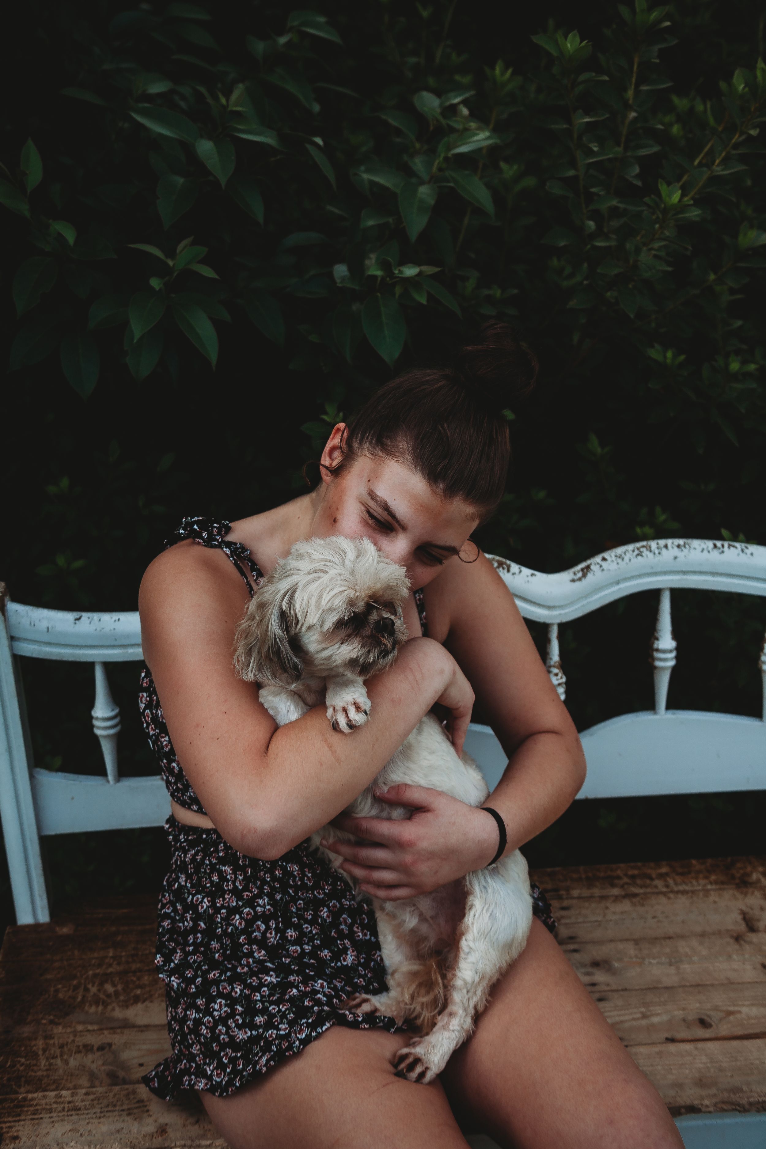 A small white dog receiving loving cuddles while sitting on a wooden bench in a garden setting.