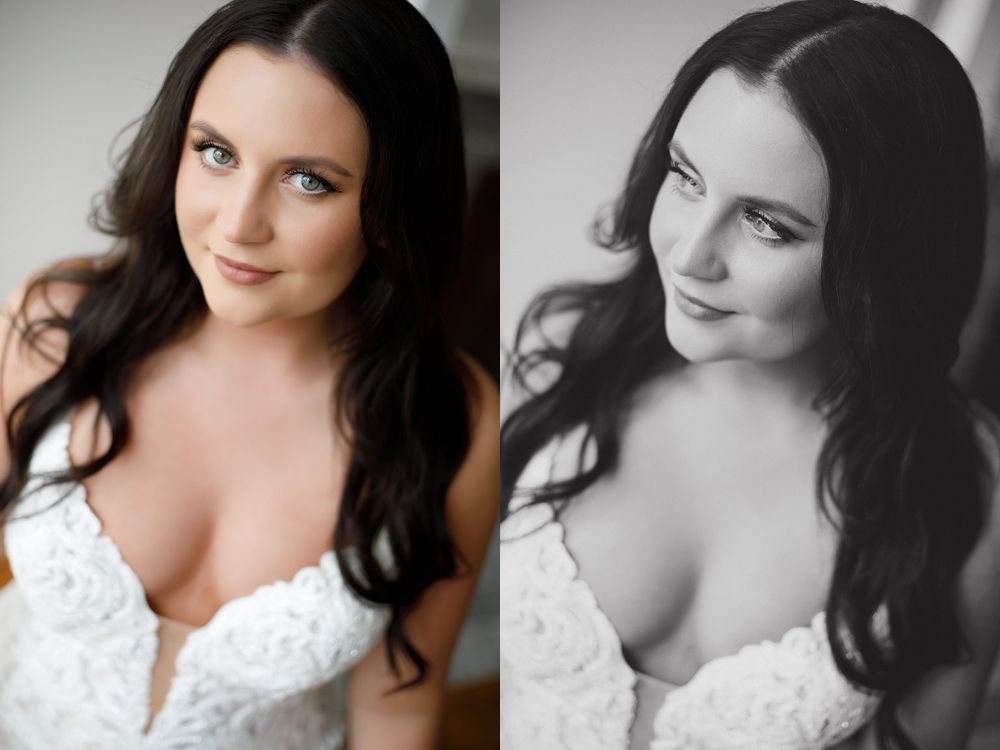 Dramatic bridal portraits in white lace dress against neutral background.