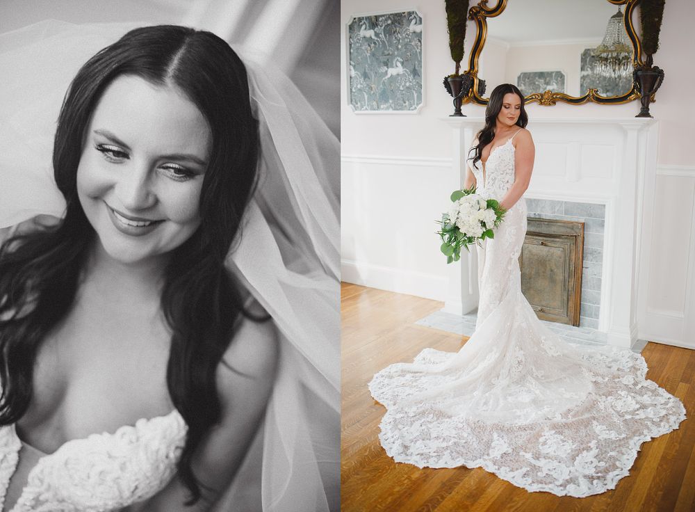 Collection of black and white bridal portraits showcasing intricate lace details of a wedding dress.