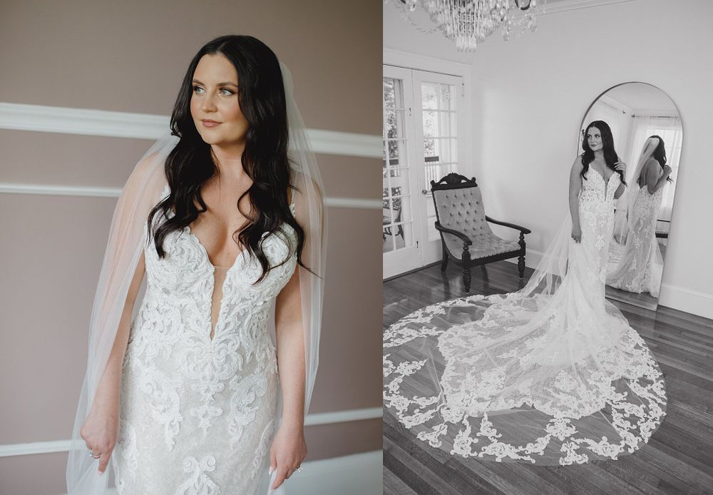 Series of elegant bridal portraits displaying a white lace wedding gown in a classic indoor setting.